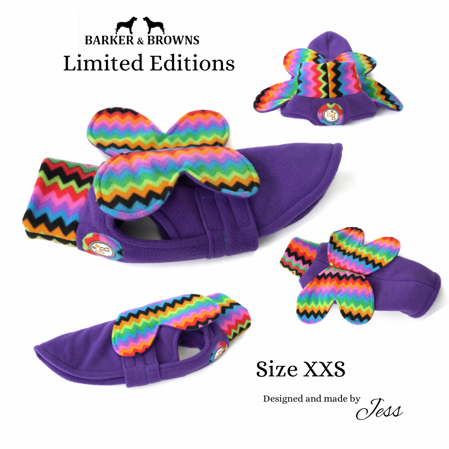 XXS Limited Edition purple fleece coat with multi-colour fabric wings (ONLY 1 AVAILABLE)