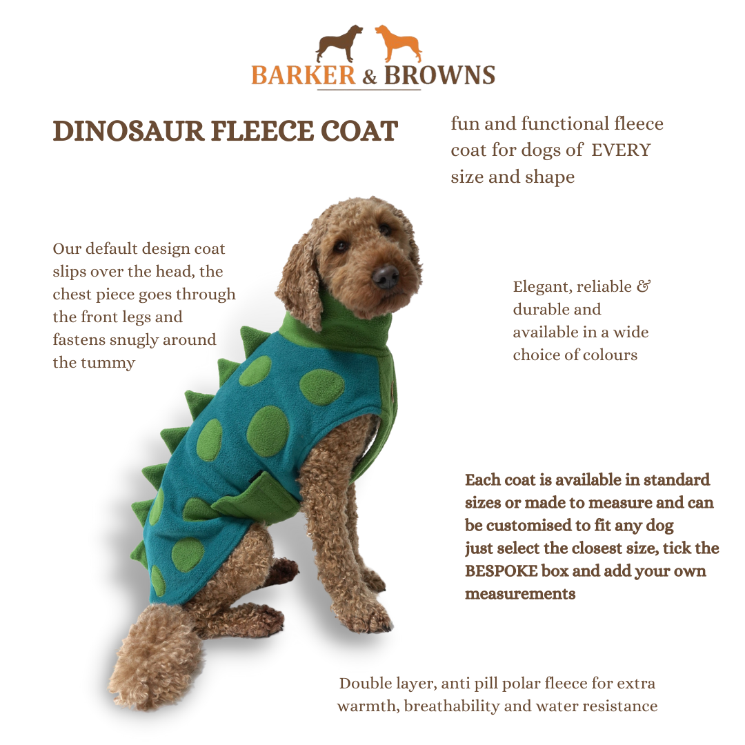 Barker and Browns Bespoke made to measure original Dinosaur dog coat